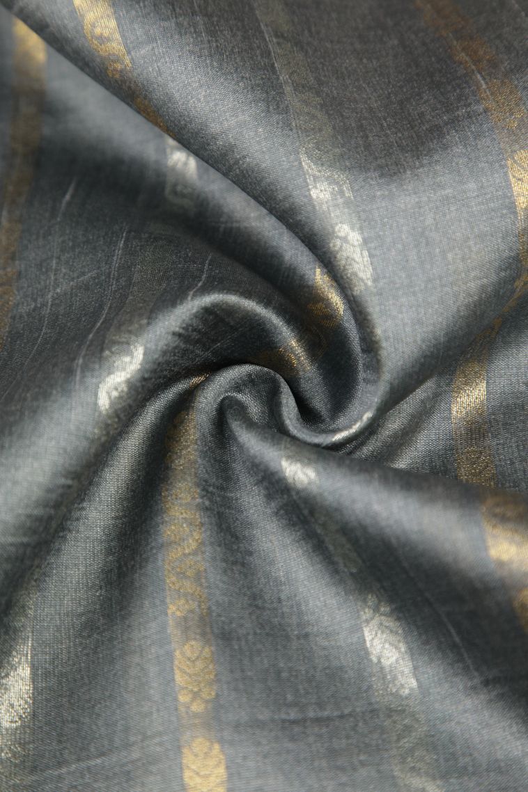 Slate Blue Tussar Saree with Gold And Silver Zari Stripes view 4