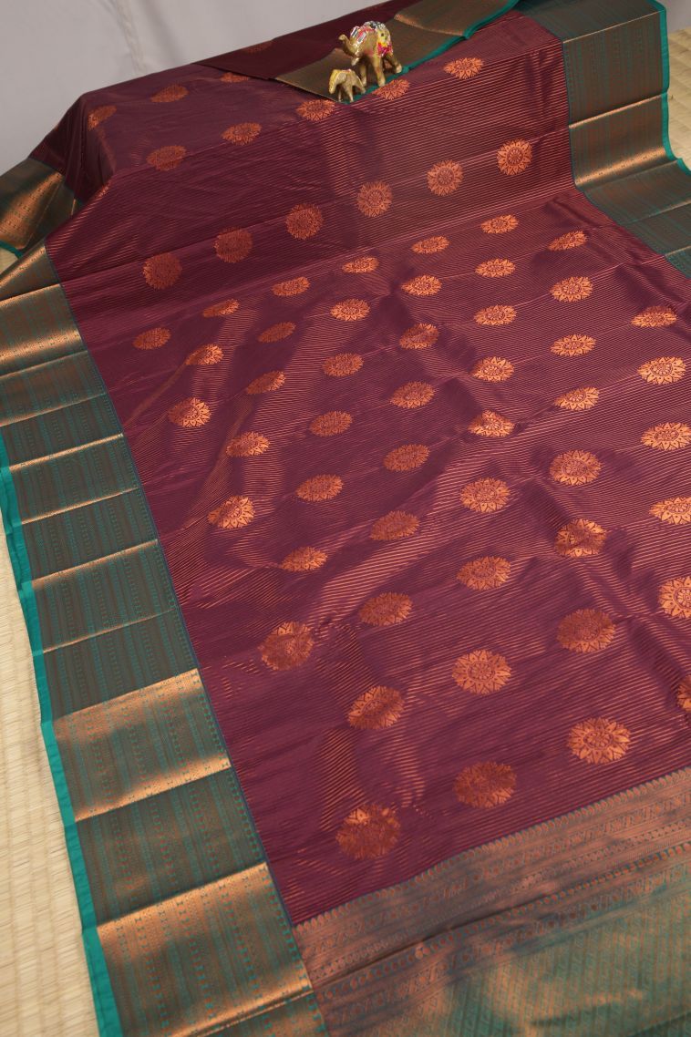 Jam Purple Visiri Madippu Silk Sarees with Copper Zari Stripes view 2