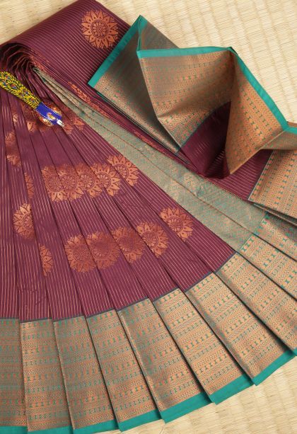 Jam Purple Visiri Madippu Silk Sarees with Copper Zari Stripes