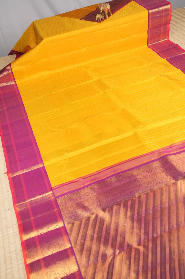 Lemon Yellow Kanchipuram Silk Sarees with Gold Zari Buttis (small Dots Or Motifs) view 2