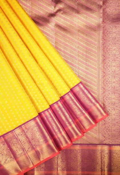 Lemon Yellow Kanchipuram Silk Sarees with Gold Zari Buttis (small Dots Or Motifs)