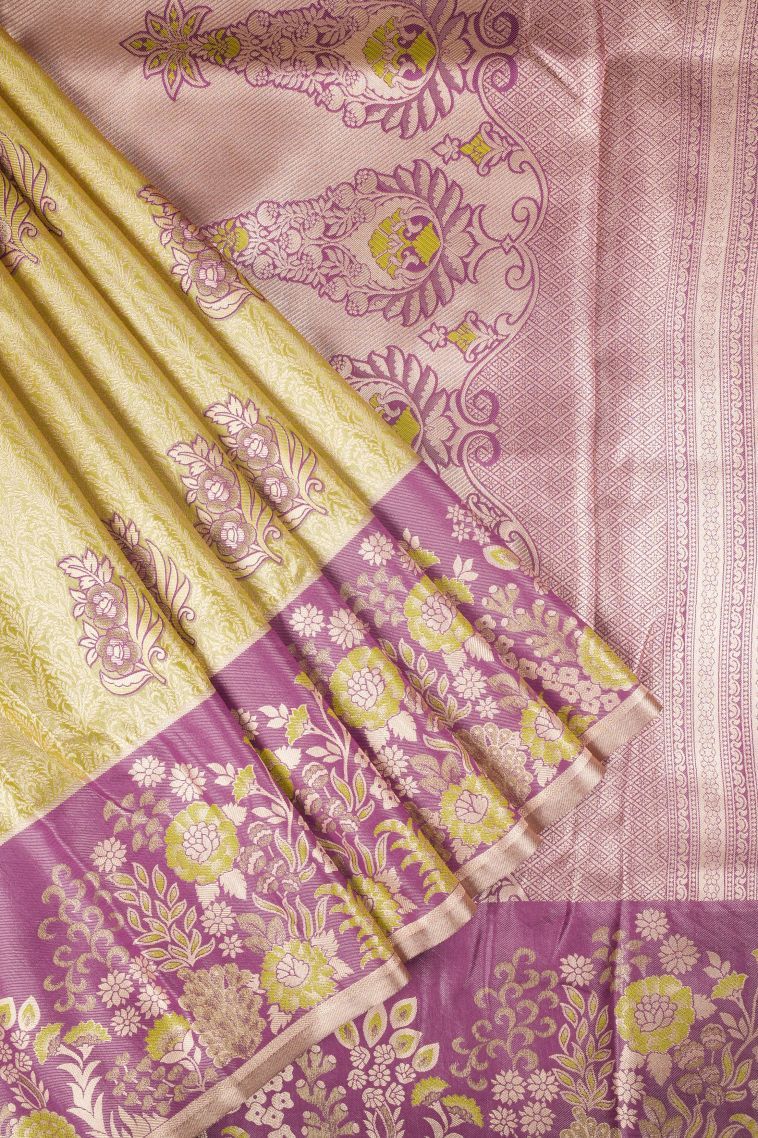 Gold Tissue Silk Sarees with Copper Zari Floral Patterns view 1