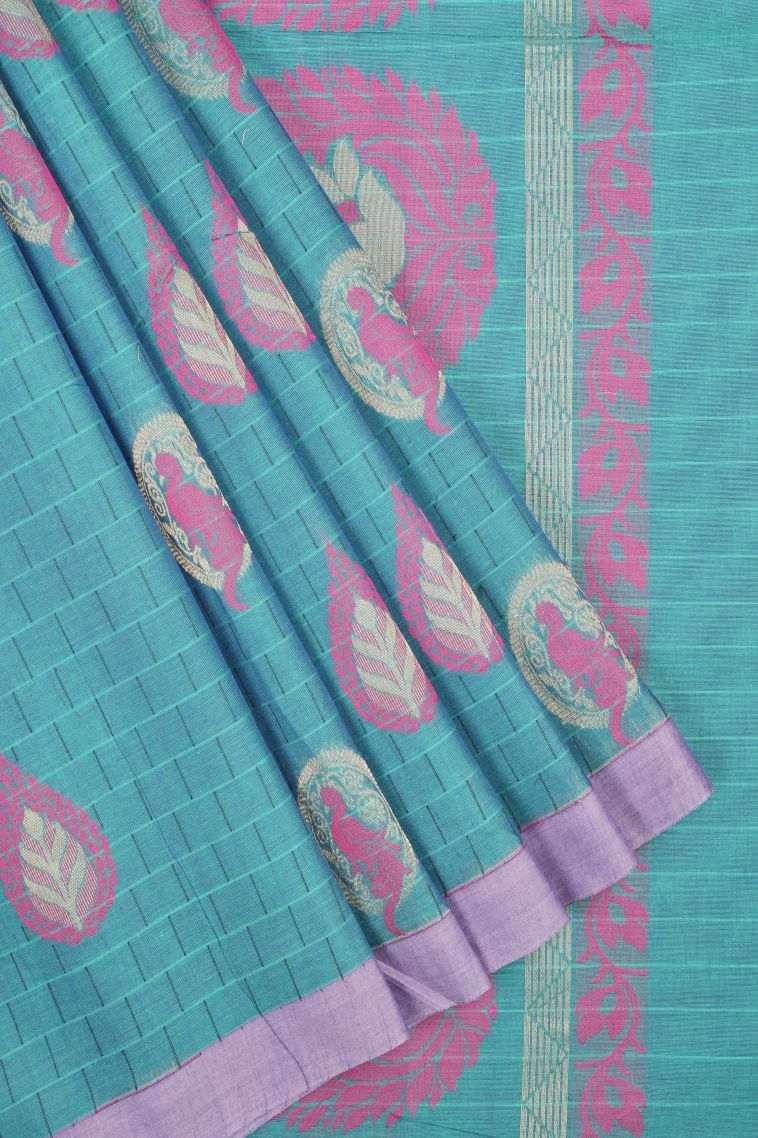 Cerulean Blue Kovai Cotton Sarees with Without Zari Zari Buttis (small Dots Or Motifs) view 1