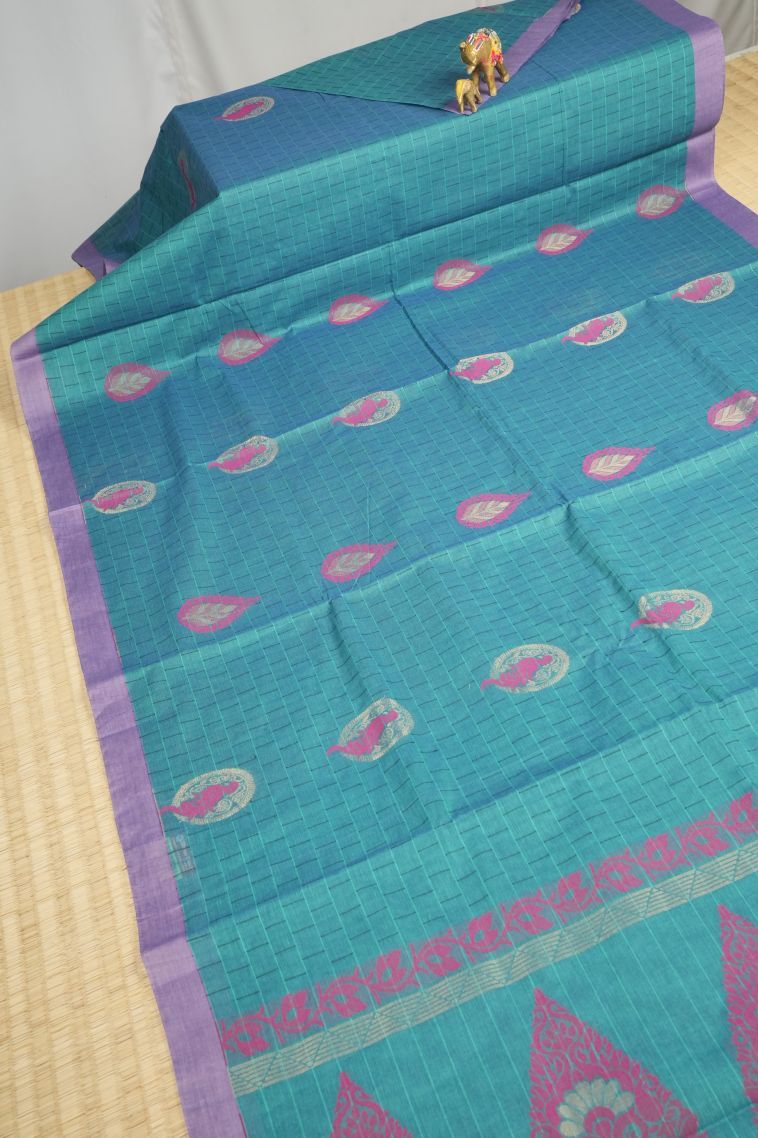 Cerulean Blue Kovai Cotton Sarees with Without Zari Zari Buttis (small Dots Or Motifs) view 2