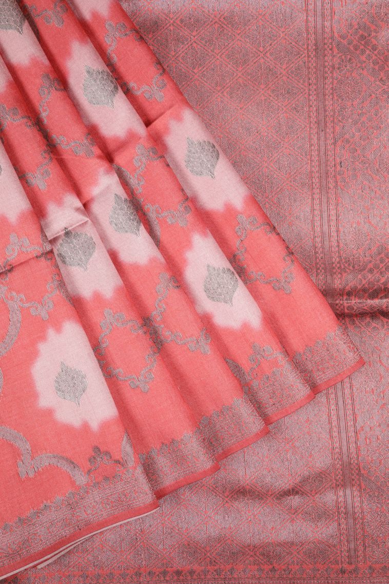 Punch Pink Tussar Saree with Bronze Zari Floral Patterns view 1