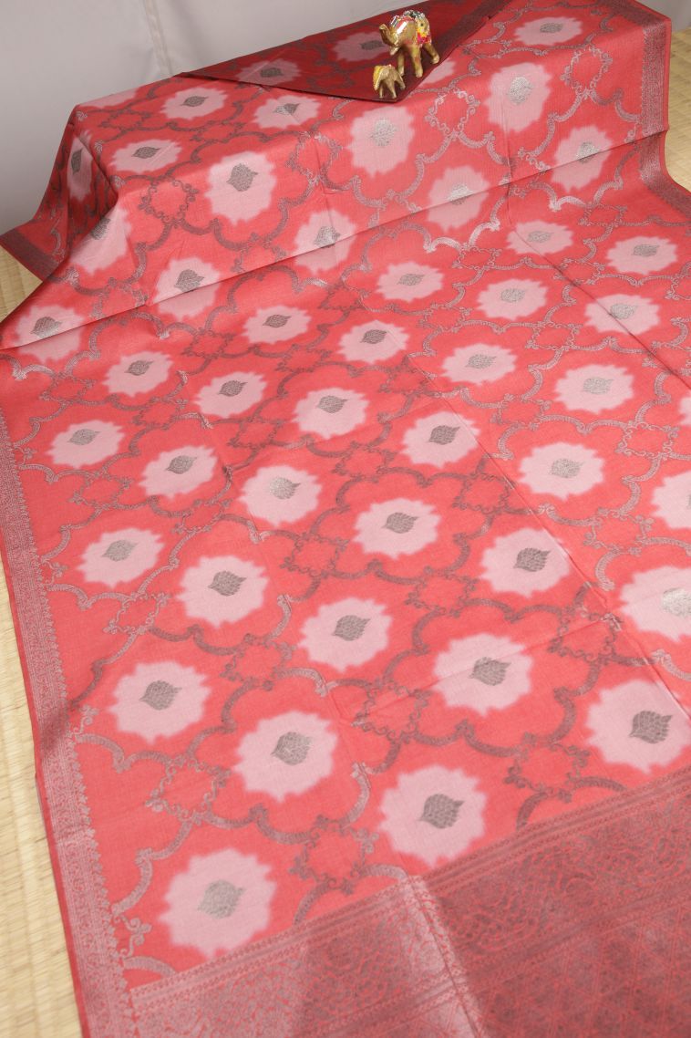 Punch Pink Tussar Saree with Bronze Zari Floral Patterns view 2