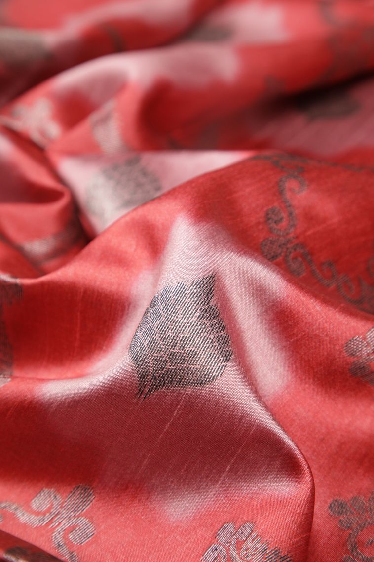 Punch Pink Tussar Saree with Bronze Zari Floral Patterns view 4