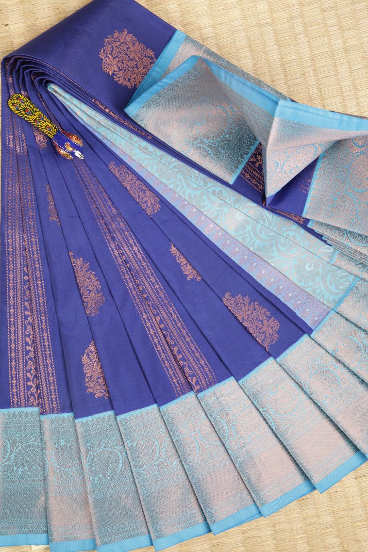 Admiral Blue Visiri Madippu Silk Sarees with Copper Zari Stripes view 1