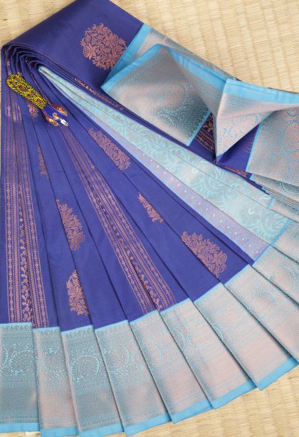 Admiral Blue Visiri Madippu Silk Sarees with Copper Zari Stripes
