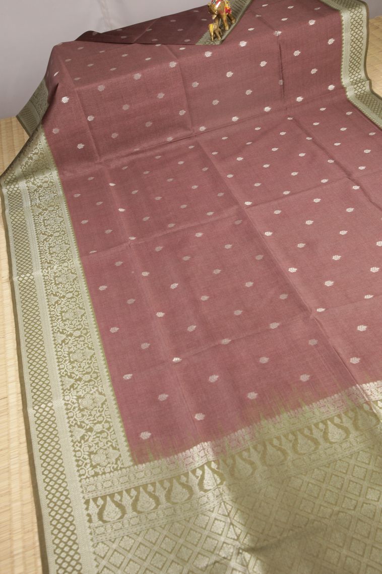 Tawny Brown Tussar Saree with Bronze Zari Buttis (small Dots Or Motifs) view 2