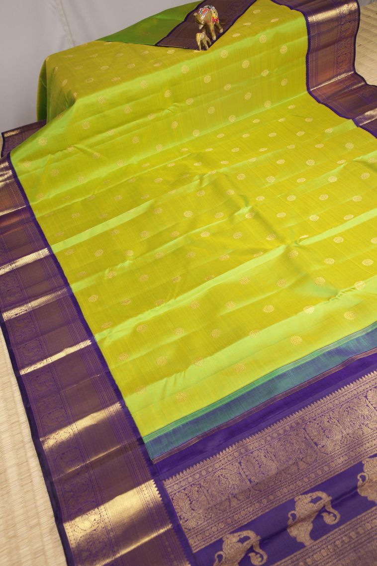 Chartreuse Green Kanchipuram Silk Sarees with Gold Zari Buttis (small Dots Or Motifs) view 2