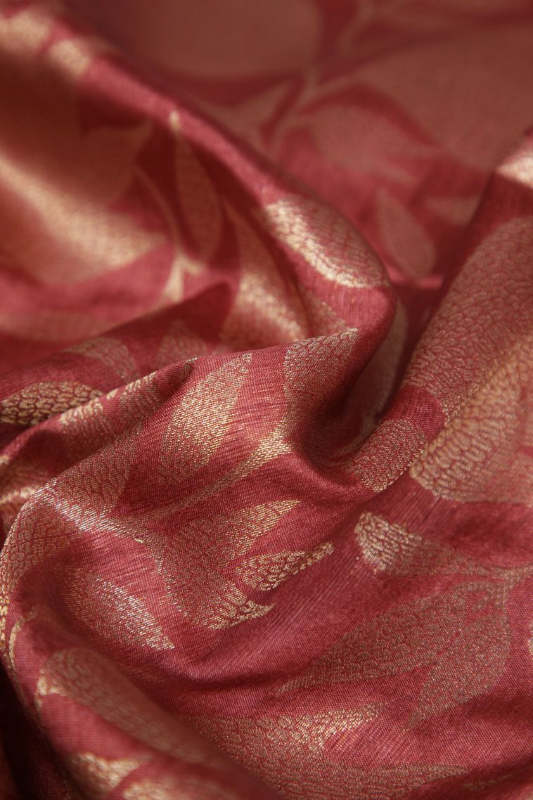 Rouge Pink Tussar Saree with Gold Zari Floral Patterns view 4