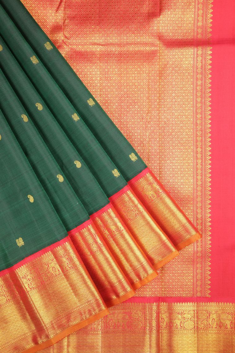 Bottle Green Kanchipuram Silk Sarees with Gold Zari Buttis (small Dots Or Motifs) view 1