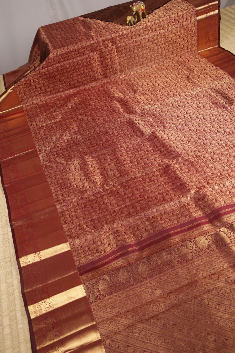 Cherry  Red Kanchipuram Silk Sarees with Gold Zari Animal And Bird Motifs view 2