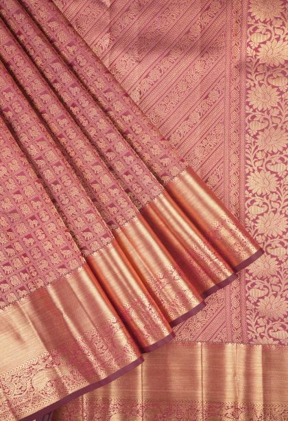 Cherry  Red Kanchipuram Silk Sarees with Gold Zari Animal And Bird Motifs