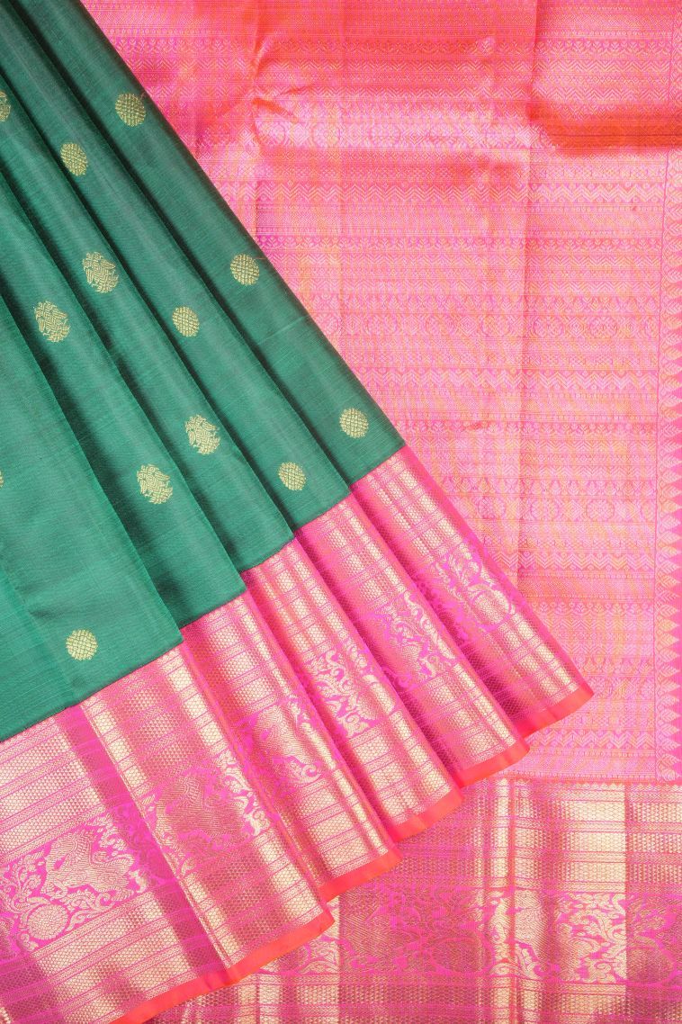 Basil Green Kanchipuram Silk Sarees with Gold Zari Buttis (small Dots Or Motifs) view 1