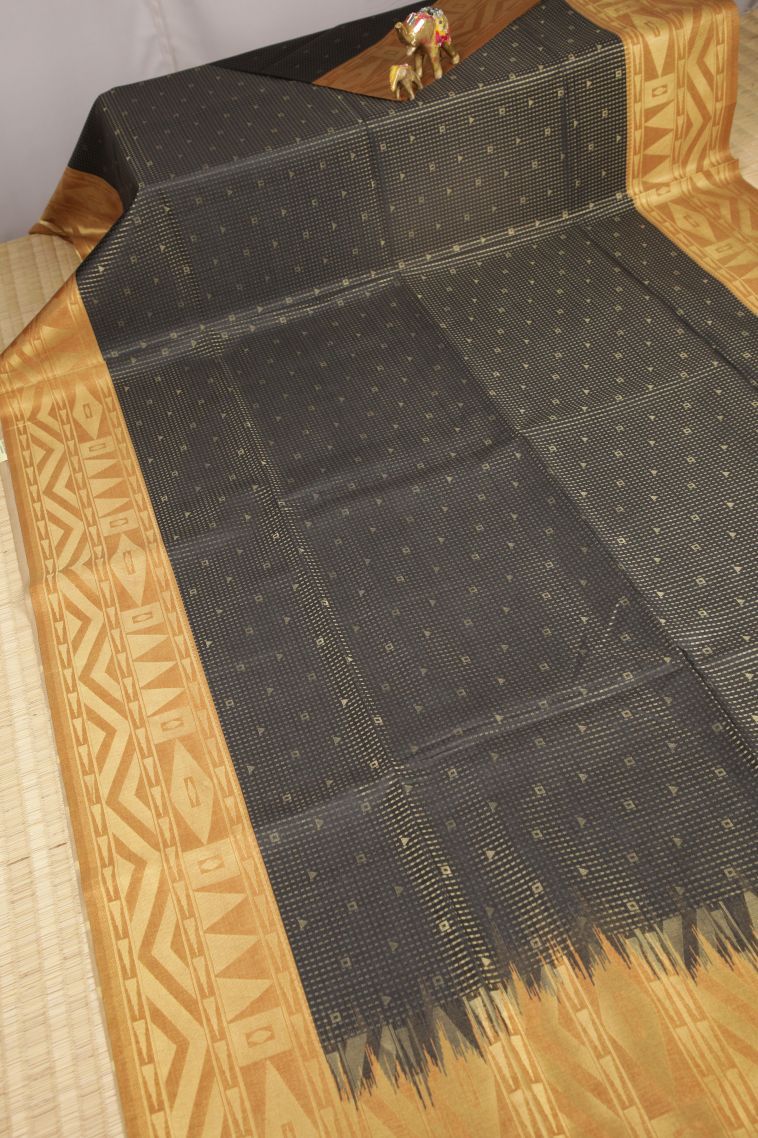 Asphalt Black Tussar Saree with Gold Zari Stripes view 2