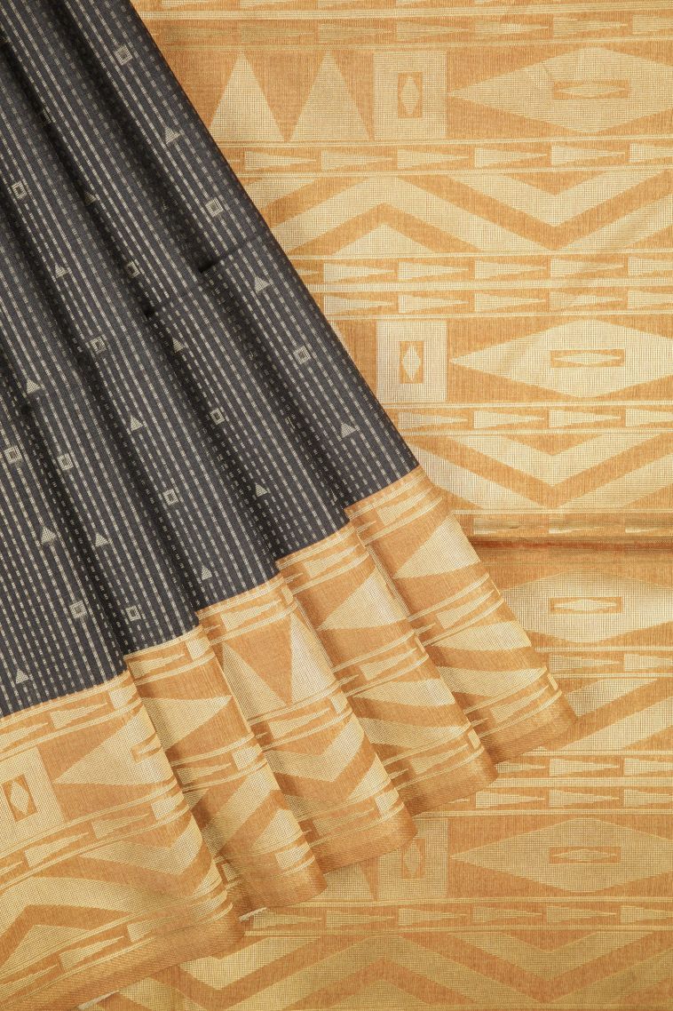 Asphalt Black Tussar Saree with Gold Zari Stripes view 1