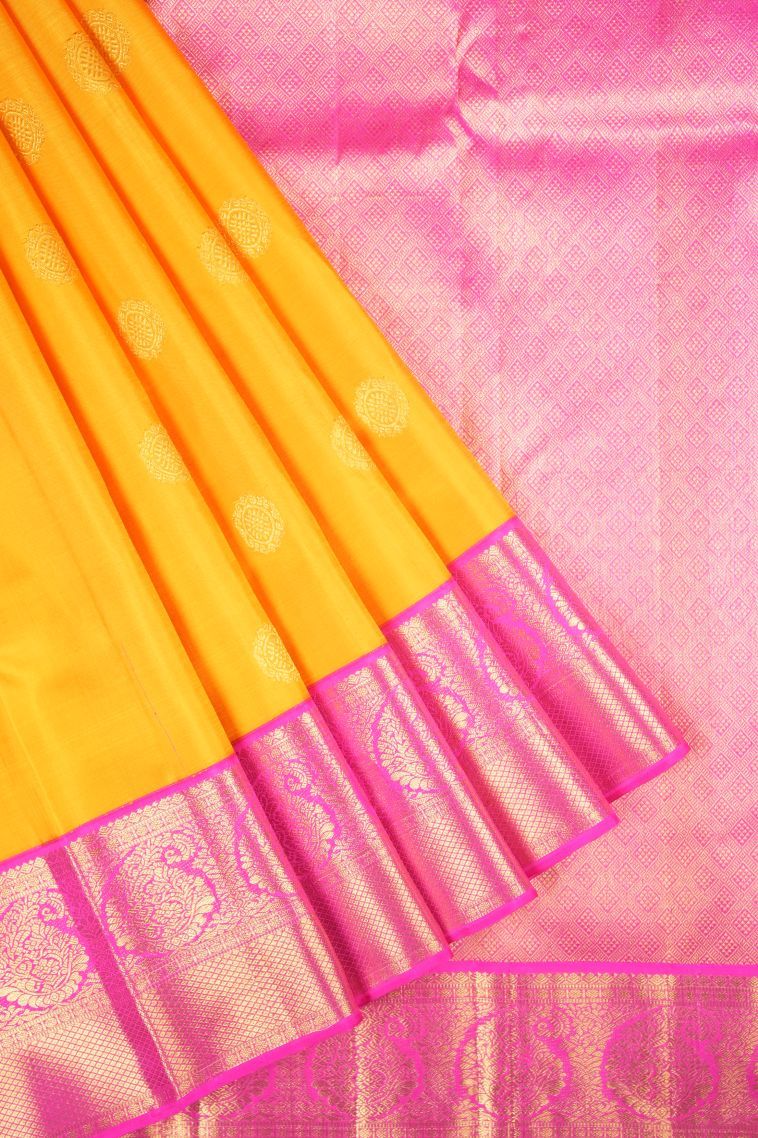 Lemon Yellow Kanchipuram Silk Sarees with Gold Zari Buttis (small Dots Or Motifs) view 1