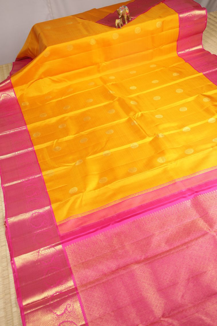 Lemon Yellow Kanchipuram Silk Sarees with Gold Zari Buttis (small Dots Or Motifs) view 2