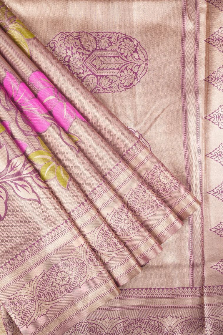 Lilac Purple Tissue Silk Sarees with Copper Zari Floral Patterns view 1