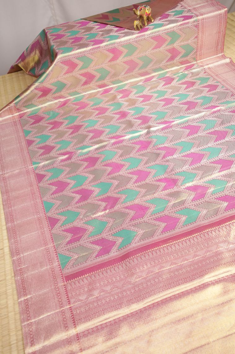 Gold Kanchipuram Silk Sarees with Gold Zari Geometric Shapes view 2