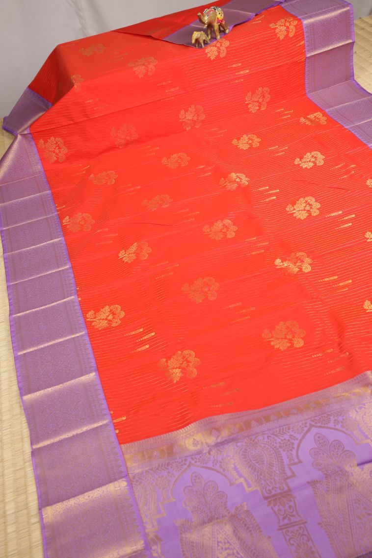 Tiger Orange Visiri Madippu Silk Sarees with Copper Zari Stripes view 2