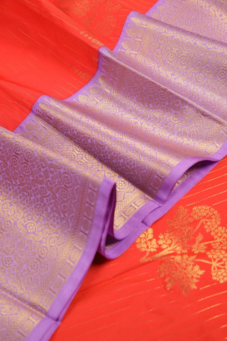 Tiger Orange Visiri Madippu Silk Sarees with Copper Zari Stripes view 4