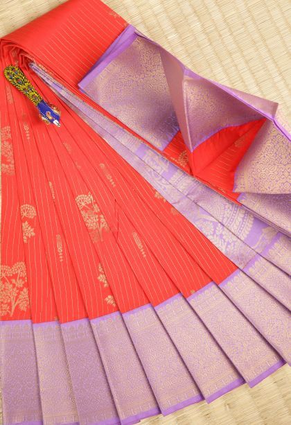 Tiger Orange Visiri Madippu Silk Sarees with Copper Zari Stripes