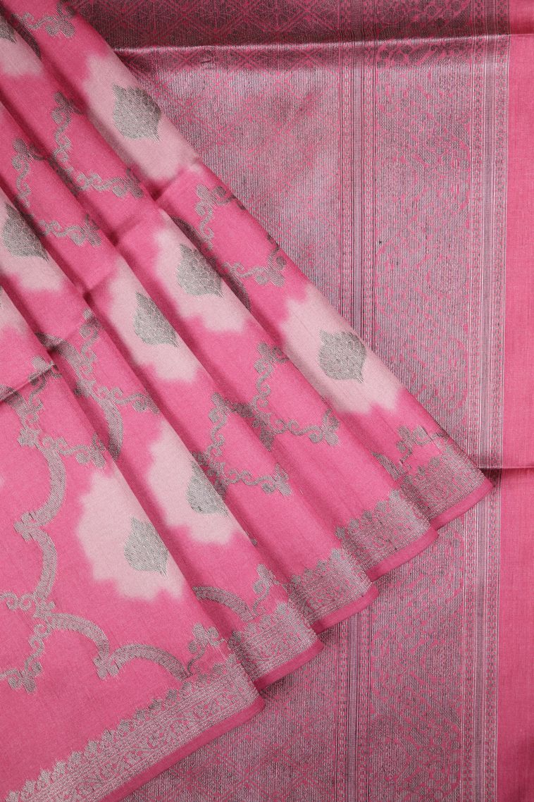 Peach Pink Tussar Saree with Bronze Zari Floral Patterns view 1
