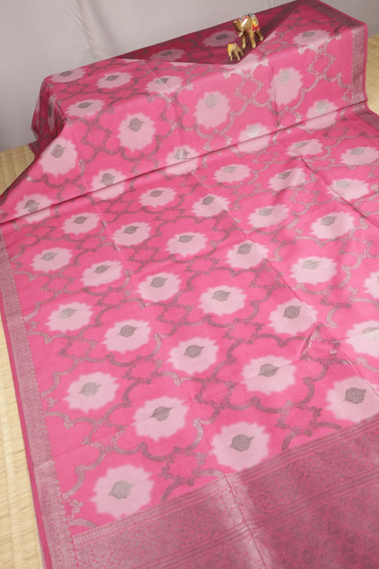 Peach Pink Tussar Saree with Bronze Zari Floral Patterns view 2