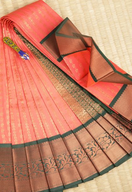 Coral Pink Visiri Madippu Silk Sarees with Copper Zari Stripes