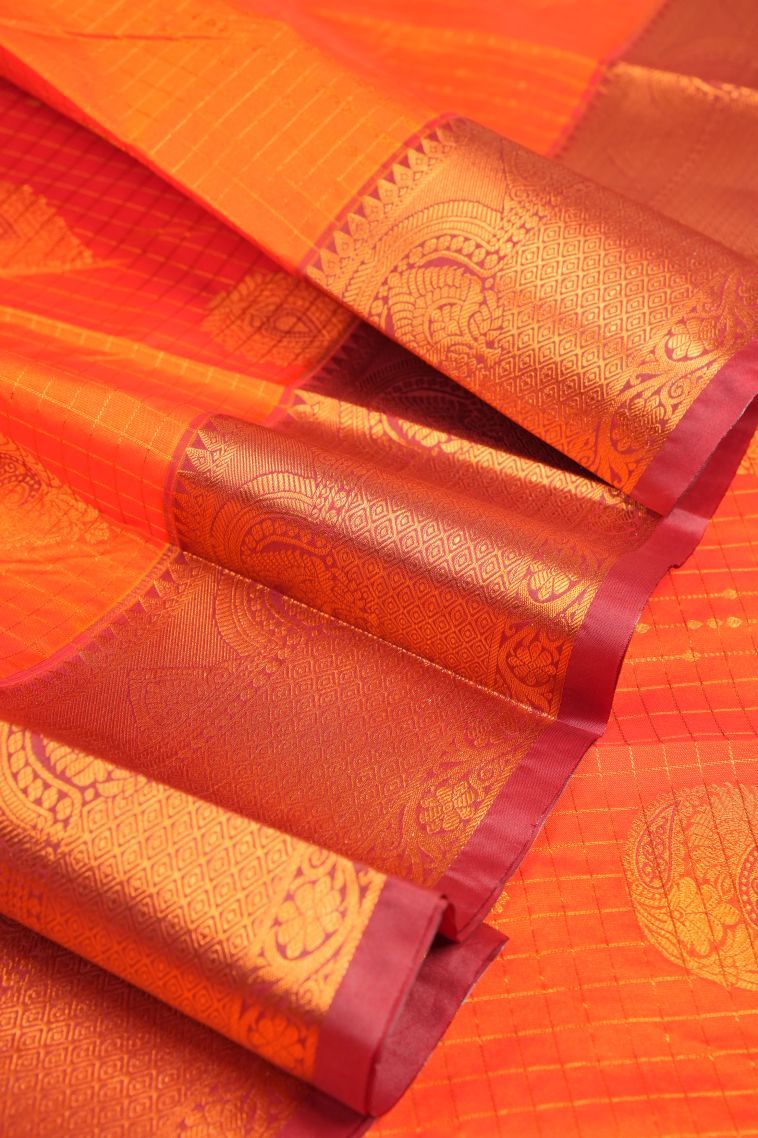 Strawberry Pink Visiri Madippu Silk Sarees with Copper Zari Checks view 4