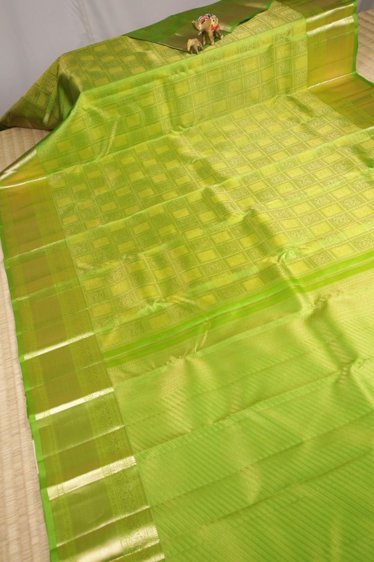 Chartreuse Green Kanchipuram Silk Sarees with Gold Zari Floral Patterns view 2
