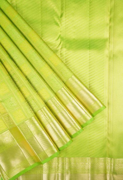 Chartreuse Green Kanchipuram Silk Sarees with Gold Zari Floral Patterns