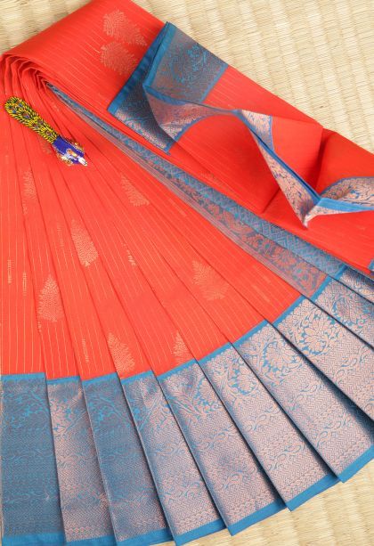 Clay Orange Visiri Madippu Silk Sarees with Copper Zari Stripes