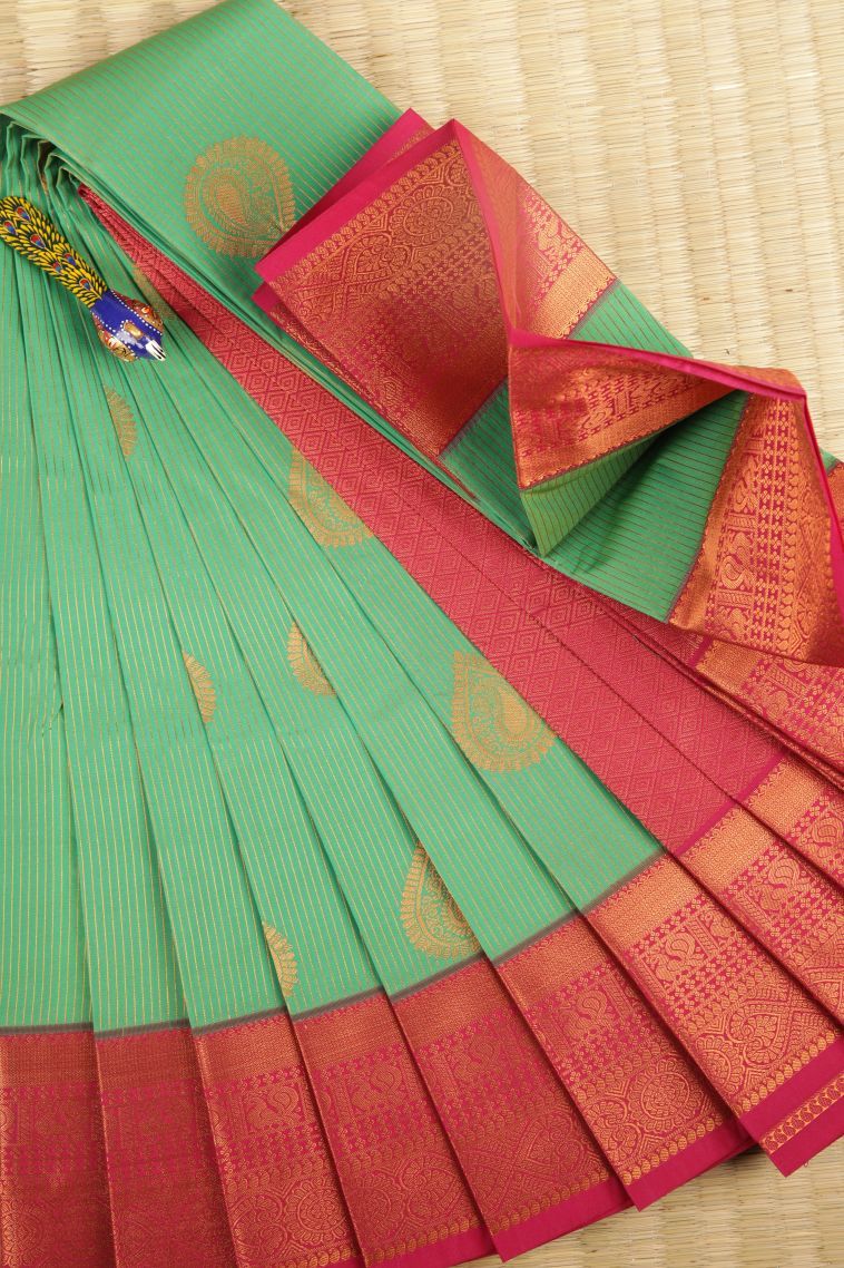 Mint Green Visiri Madippu Silk Sarees with Copper Zari Stripes view 1