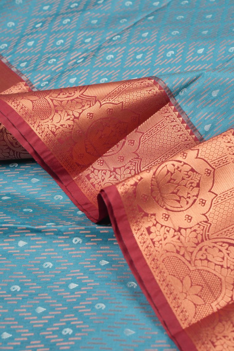 Cerulean Blue Visiri Madippu Silk Sarees with Copper Zari Stripes view 4