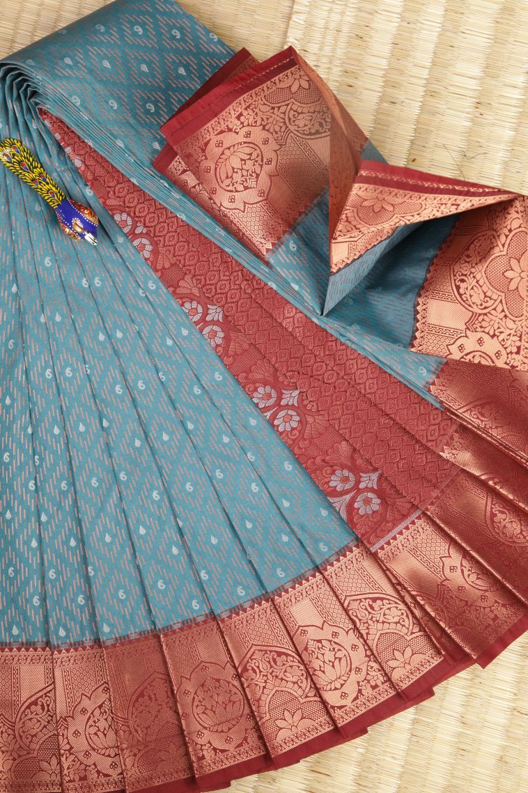 Cerulean Blue Visiri Madippu Silk Sarees with Copper Zari Stripes view 1