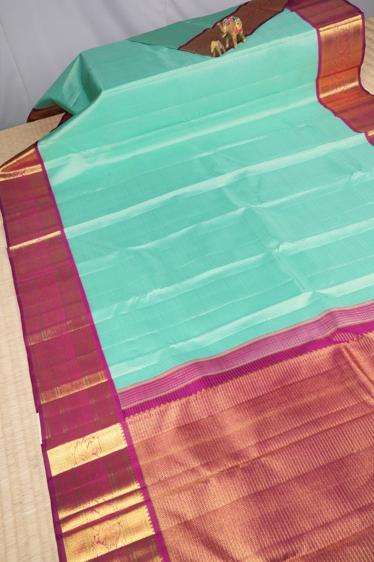 Arctic Blue Kanchipuram Silk Sarees with Gold Zari Checks view 2