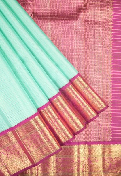 Arctic Blue Kanchipuram Silk Sarees with Gold Zari Checks