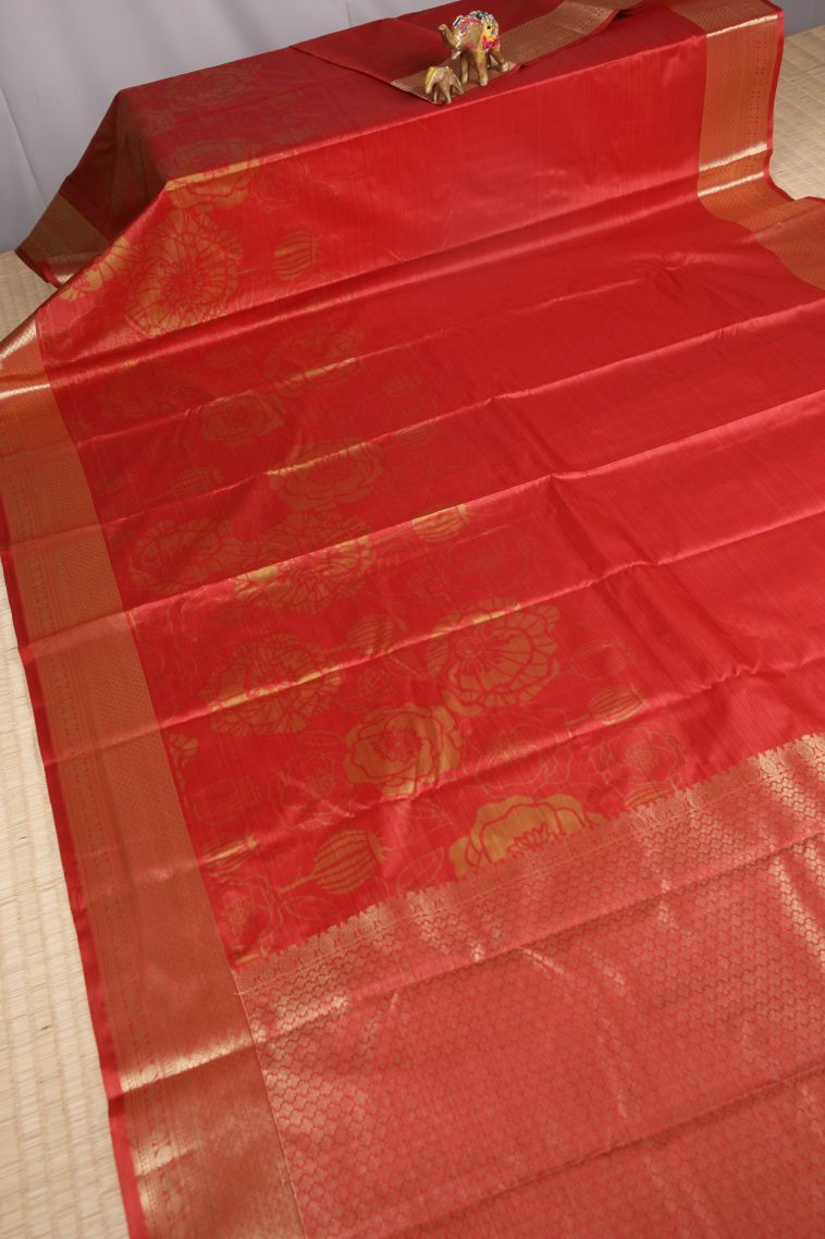 Fire Orange Soft Silk Sarees with Without Zari Zari Floral Patterns view 2
