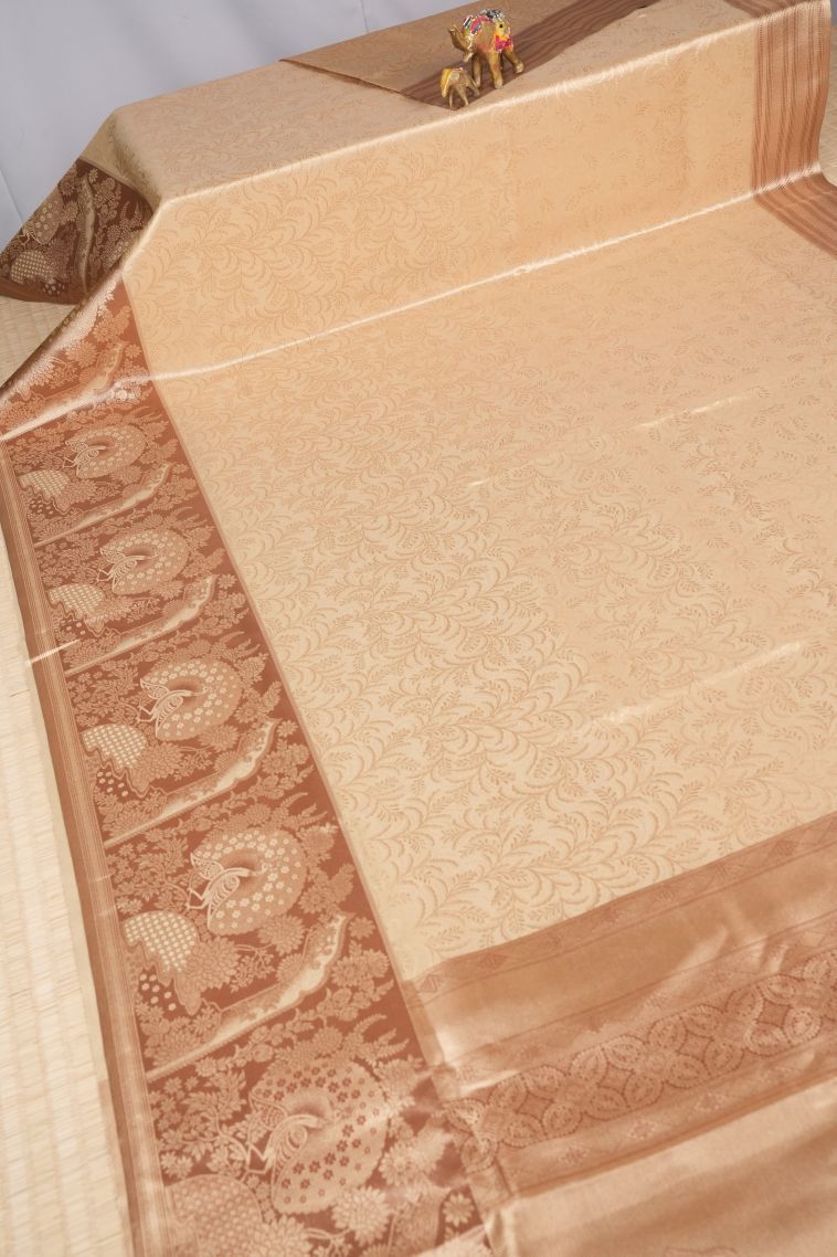 Cream White Tissue Silk Sarees with Copper Zari Floral Patterns view 2