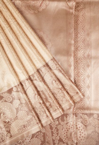 Cream White Tissue Silk Sarees with Copper Zari Floral Patterns