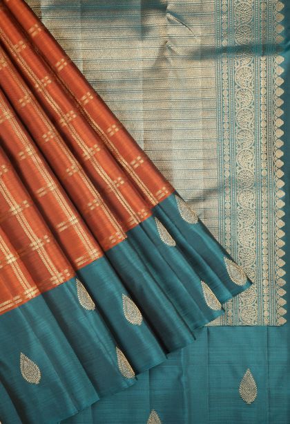 Bronze Orange Kanchipuram Silk Sarees with Gold Zari Checks