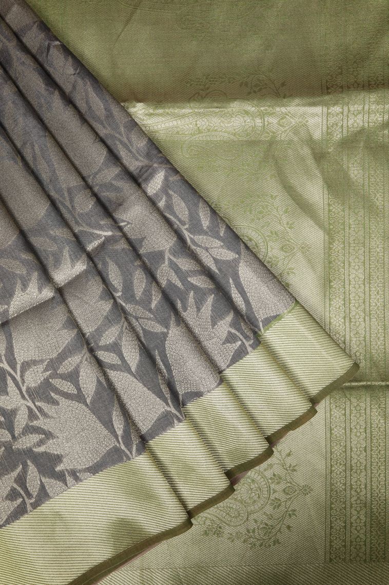 Charcoal Black Tussar Saree with Gold Zari Floral Patterns view 1