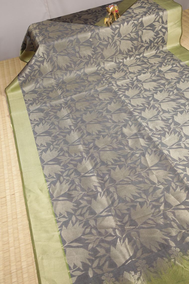 Charcoal Black Tussar Saree with Gold Zari Floral Patterns view 2