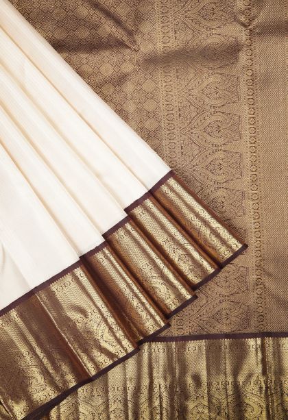 Frost White Kanchipuram Silk Sarees with Gold Zari Stripes