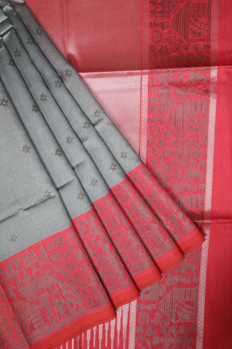 Gray Black Tussar Saree with Bronze Zari Buttis (small Dots Or Motifs) view 1