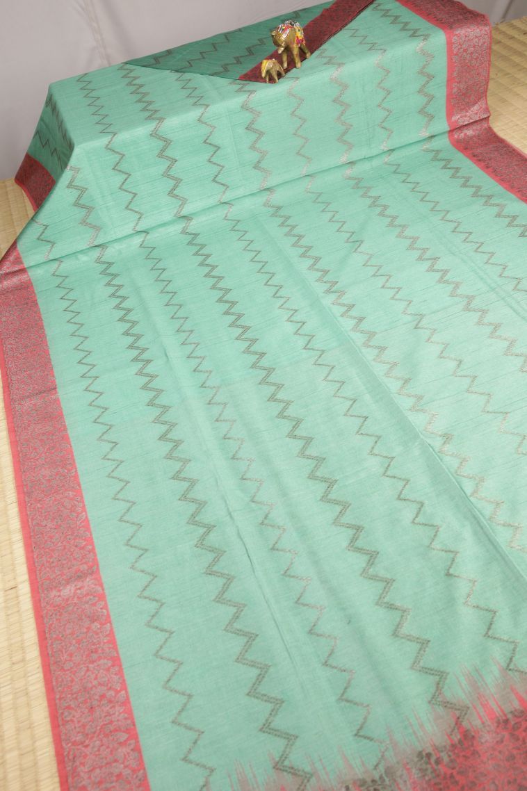 Arctic Blue Tussar Saree with Bronze Zari Stripes view 2